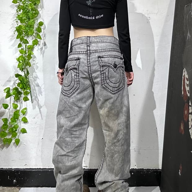 트루 릴리전 와이드 그레이 워싱 데님 힙합 팬츠 청바지 36