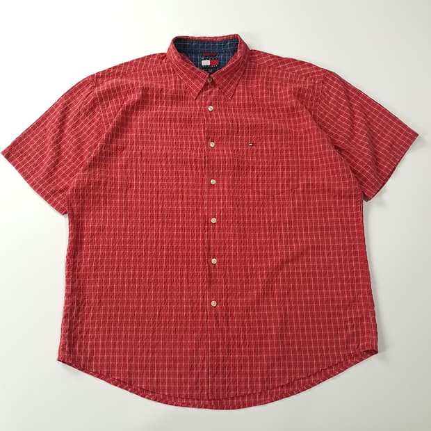 CJ106 XL 타미힐피거 90s 시어서커 레드 그리드체크 반팔 셔츠 
