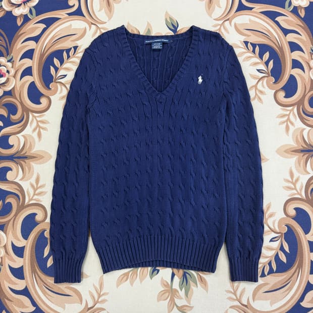 (우먼즈L)폴로 랄프로렌 코튼 브이넥 꽈배기니트(네이비)