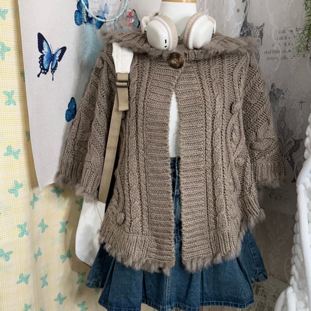 코코아 브라운 꽈배기 후드 케이프