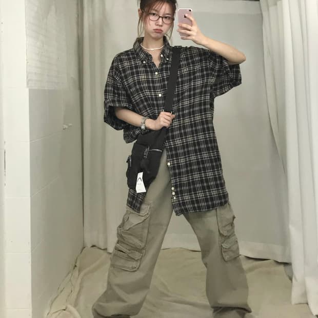 🤓 칼하트 브라운 체크 셔츠, 카고팬츠 코디 세트