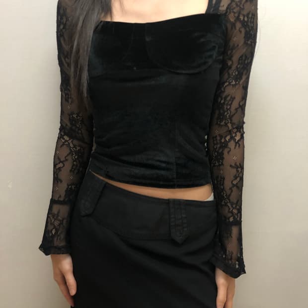 빈티지 블랙 레이스 벨벳 탑