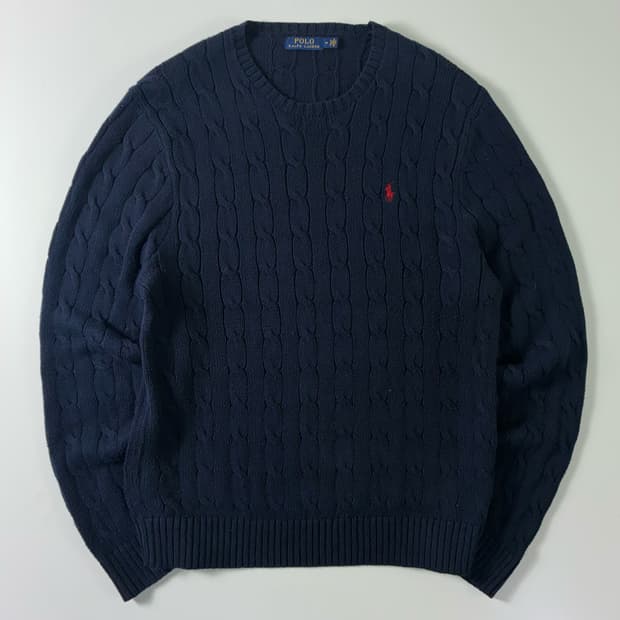 Polo  폴로 랄프로렌 자수 코튼 네이비 꽈배기 니트 