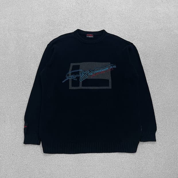 후부 Fubu 올드스쿨 핸드라이팅 자수 오버 라운드 니트 블랙