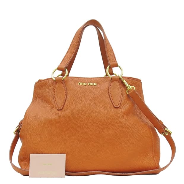정품 미우미우 RN0620 금장 로고 장식 오렌지 레더 토트/숄더백