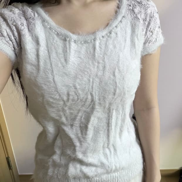 일본빈티지 블루 앙고라 레이스 반팔 니트 탑