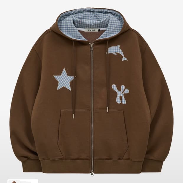 스타 돌핀 체크 아플리케 후드 집업 브라운