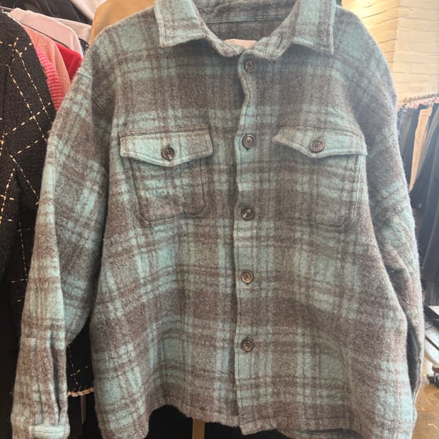 아미 민트색 체크 숏 자켓