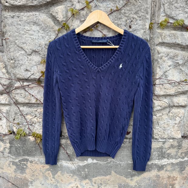 폴로 랄프로렌 빈티지 우먼 브이넥 꽈배기 코튼 니트 m