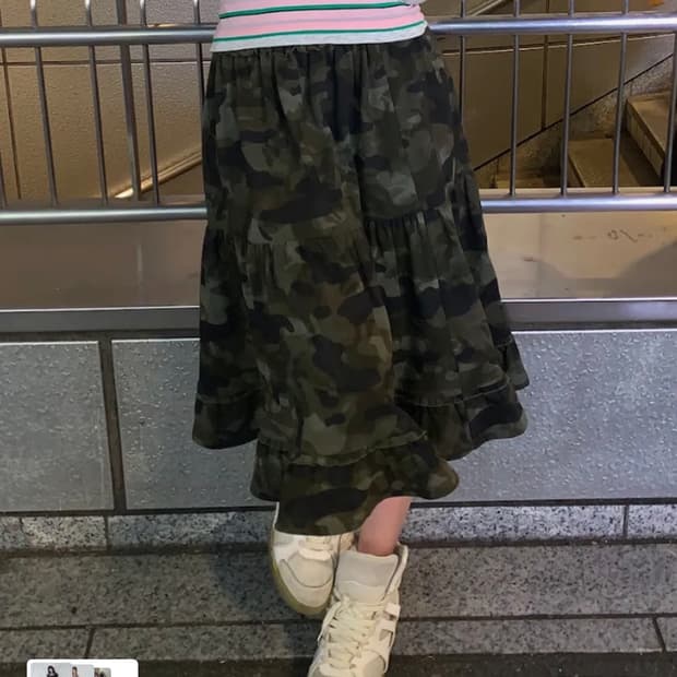 유희 camo tiered layered midi skirt - 카키