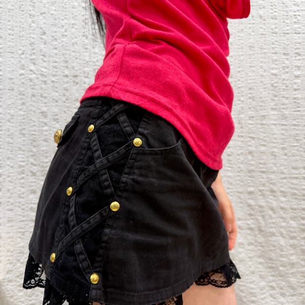 lace-up black mini skirt