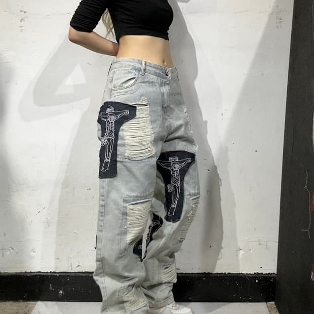 빈티지 연천 예수 패치워크 워싱 데미지 데님 팬츠 힙합 청바지