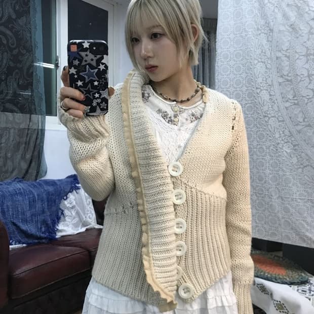 제페니즈 빈티지 언발 숄카라 니트 가디건