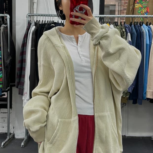 카키스 와플 크림 후드집업