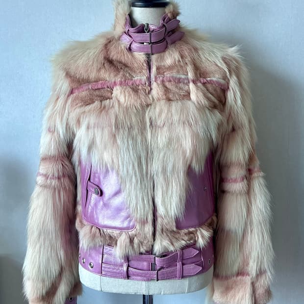 2000s vintage Y2K 핑크 폭스퍼 레더 바이커 베스트