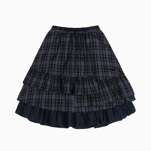 오헤시오 체크 프릴 미디 스커트 네이비