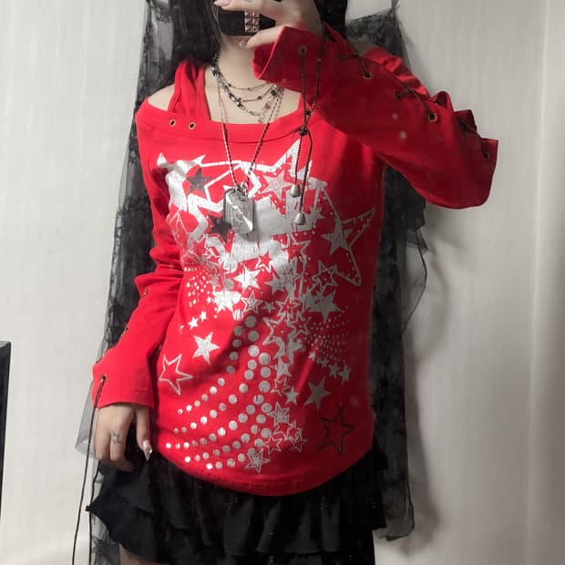 펑크 y2k 스타 아일렛 포인트 롱슬리브 