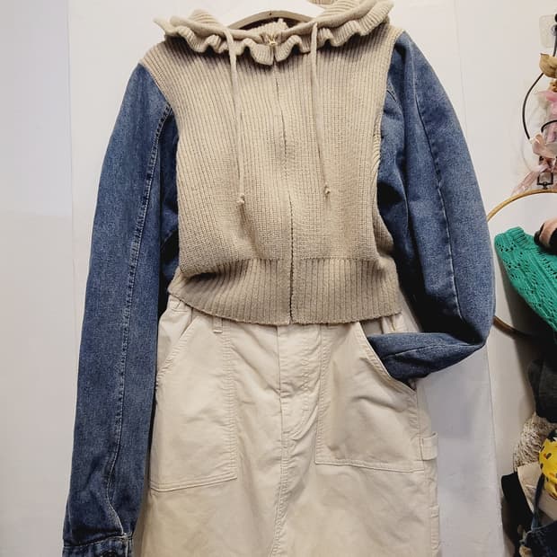 톰보이 프릴후드 니트집업