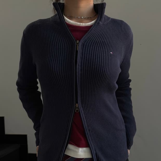 타미힐피거 리브드 골지 니트집업