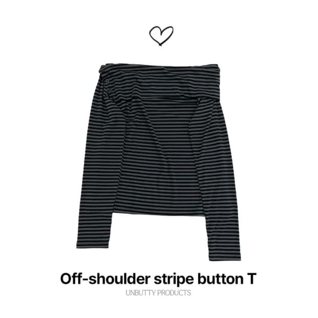 off-shoulder stripe button T