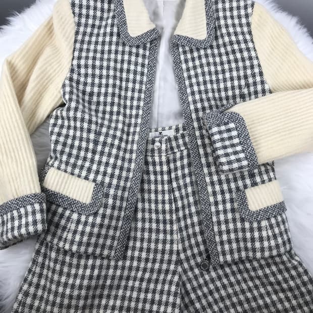 꾸레쥬 체크 투피스 세트 하운드 울 셋업 빈티지자켓 팬츠 트위드 셋업