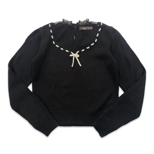 빈티지 블랙 도트 시스루 리본 니트