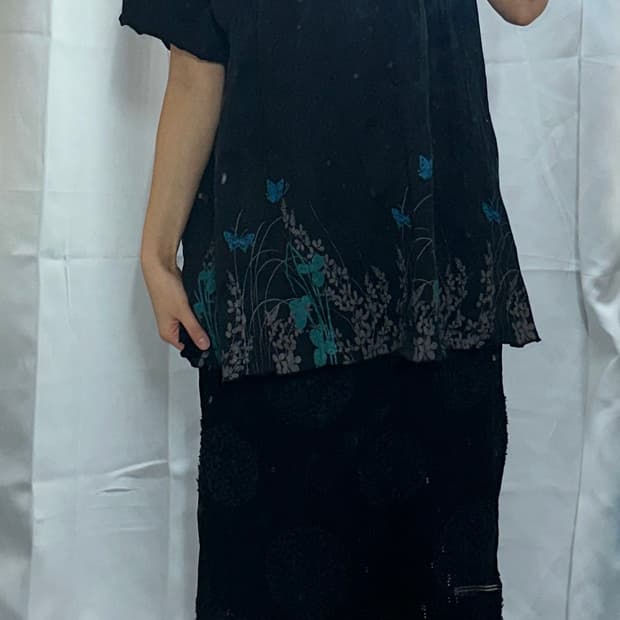 오리엔탈 크로셰 반팔 오리엔탈 블랙 스커트 코디