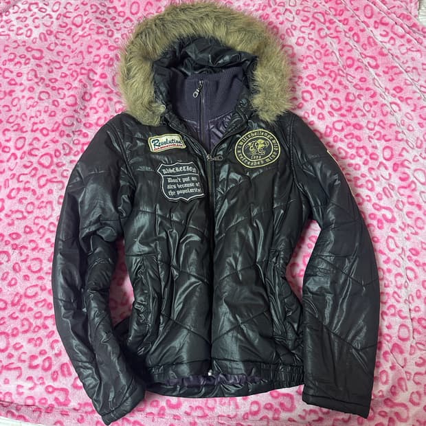 빈티지 갸루 레이어드 패딩 자켓 퍼 패딩 아우터