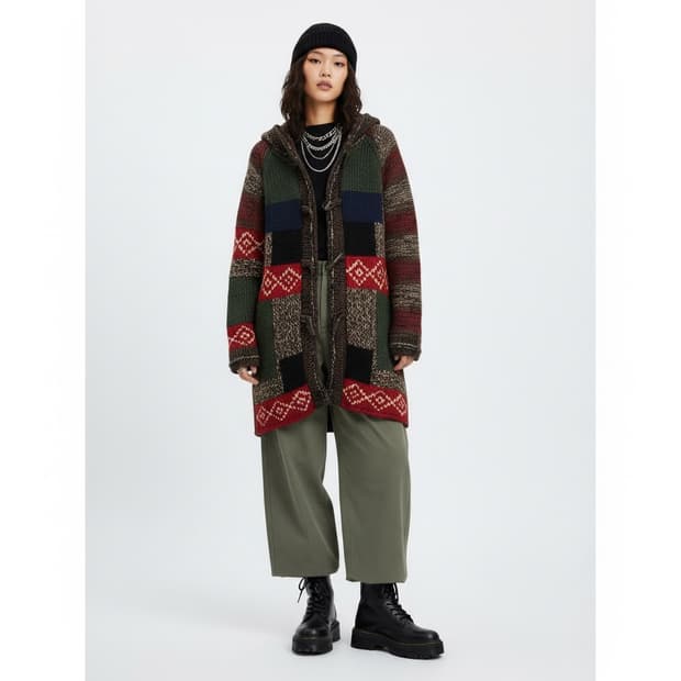 썰스데이아일랜드 후드 롱 패치워크 니트 가디건