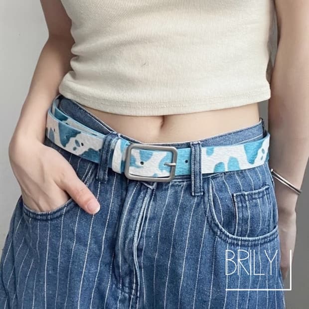 [Unisex] PONY 카우헤어 레오파드 호피 송치털 가죽 벨트 블루