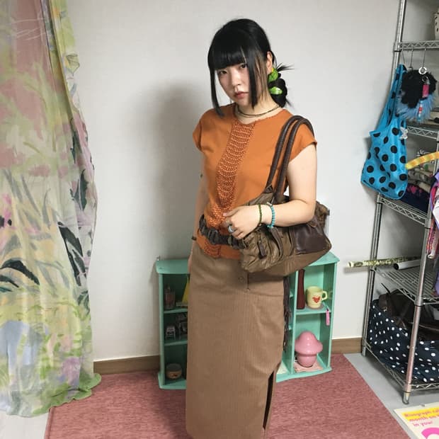 빈티지 브라운 버튼 스트라이프 롱 스커트