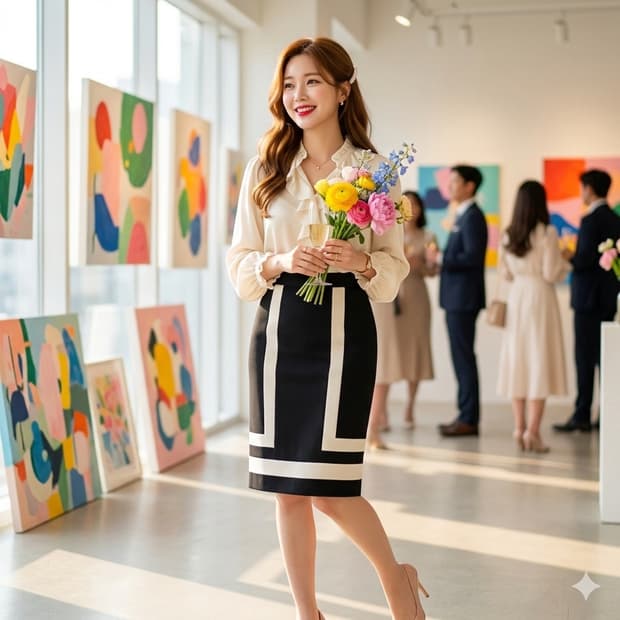 JJ지고트 블랙 배색 H라인 미디 스커트 55 | 하객룩 출근룩