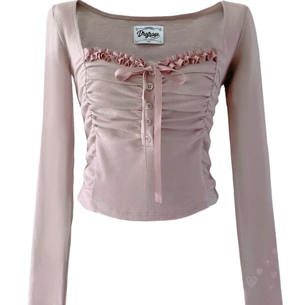 [드라이로즈 셔링 레이스 버튼 탑 핑크] 프릴 리본 발레코어 로걀