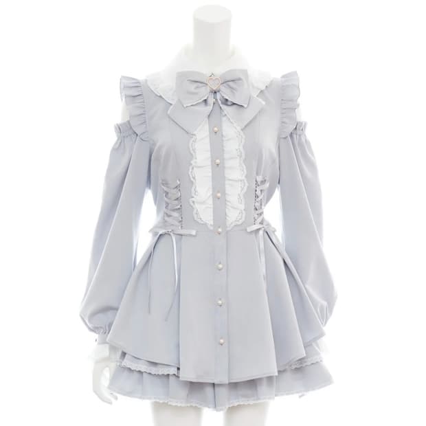 시크릿허니 사이드 레이스업 오프숄더 셋업 미즈이로 하늘색