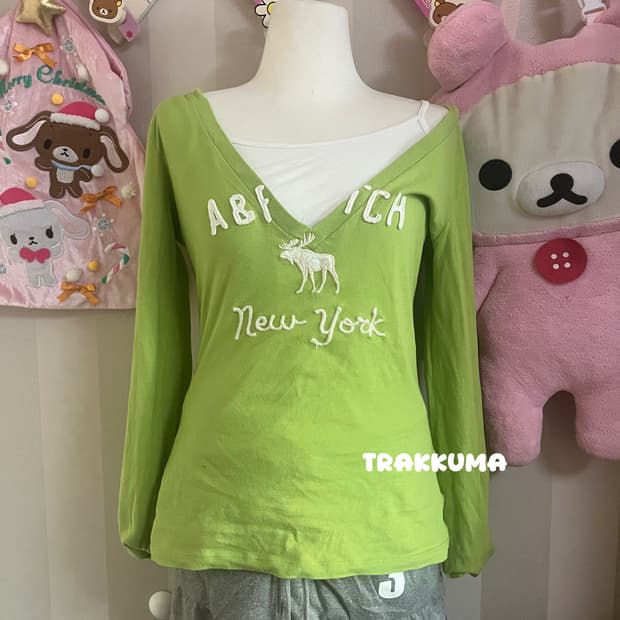아베크롬비 브이넥 긴팔티셔츠 딱붙롱슬리브 연두 y2k 