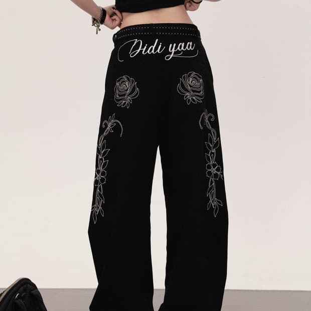 블랙 데님 레터링 장미 플라워 자수 와이드 팬츠
