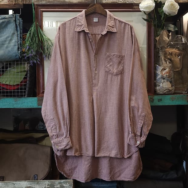 60s 프랑스 워크셔츠 가드너 빈티지 셔츠 잔체크 롱 튜닉 셔츠 L