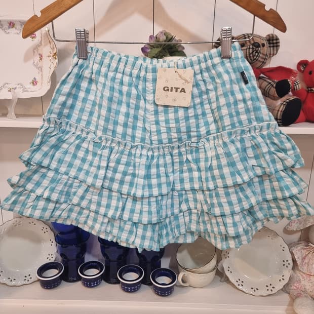 하늘색 깅엄체크 프릴 바지