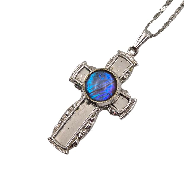 80s 브라질 모르포 나비 날개 십자가 목걸이