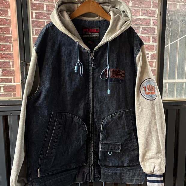 FUBU 후부  빈티지 데님 배색 후드 집업 자켓