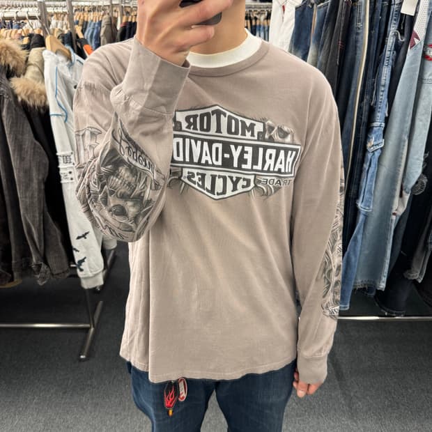 OS)할리데이비슨 빈티지 스컬 프린팅 롱슬리브