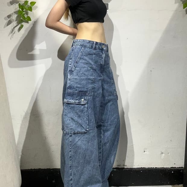 일본 빈티지 중청 데님 카고 와이드 청 카고 팬츠 XL