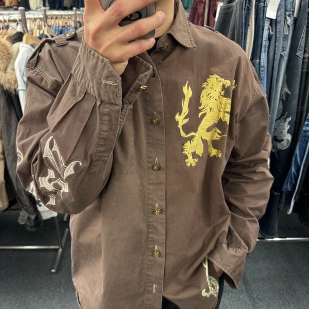 2XL)American vintage 프린팅&자수 브라운 셔츠