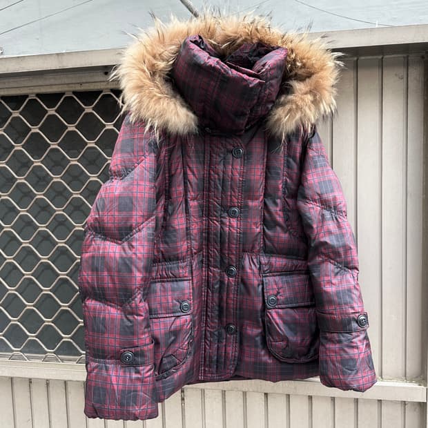 Raccoon fur high neck check puffer 