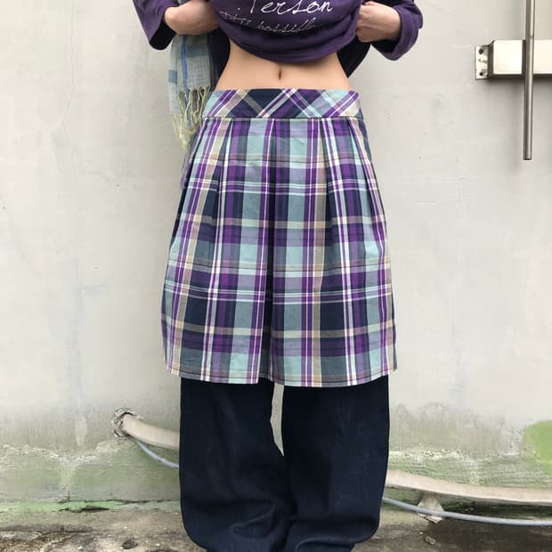 라벤더 체크 플리츠 스커트