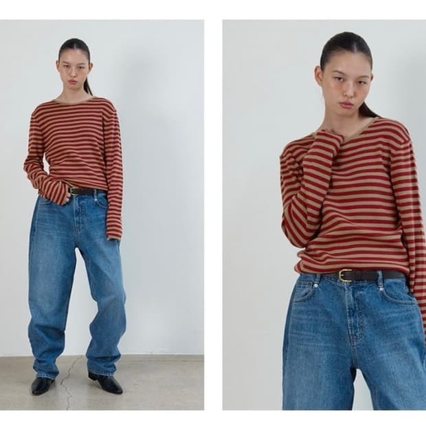 포니테일 콤비 스트라이프 니트 브라운 레드