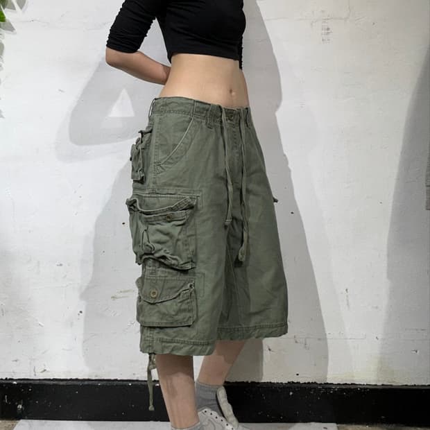 빈티지 카키 카고 반바지 버뮤다 팬츠 L