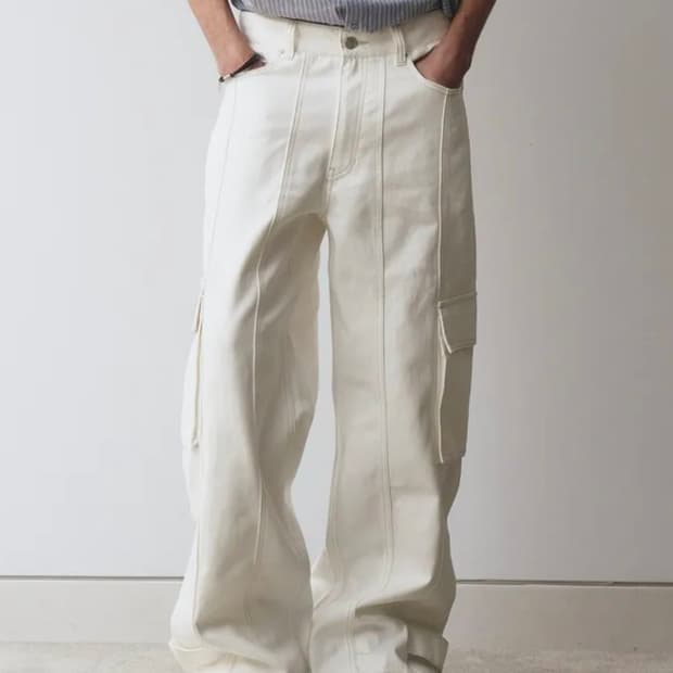 메종미네드 화이트 데님 카고 팬츠 청바지 백바지