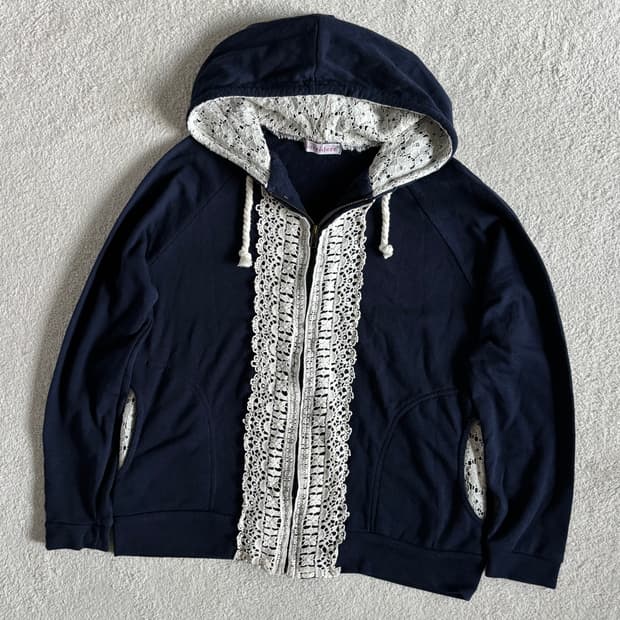 일본빈티지 sorridere 네이비 레이스포인트 후드집업