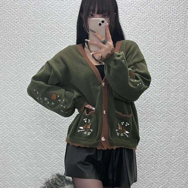 빈티지 코지 모리걸 여우 자수 말차카키 가디건 XL C10296